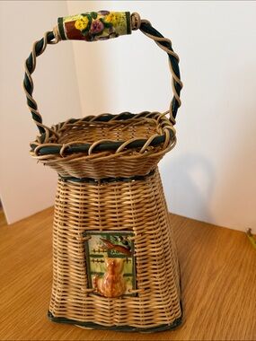 Vintage Wicker Decorative Basket with Cat Accent